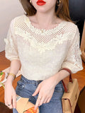 Hollow Women Tops Summer French Style Sweet Blouse 2023 New Fashion Half Sleeve Clothes Apricot Lace Shirt Blusas