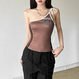 2024 Summer New Women's Slanted Shoulder T-Shirted Letter Print Sling Bottom Small