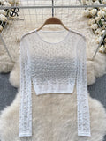 Pearls Beadings Women Blouse O Neck Long Sleeves Mesh Sheer High Quality Korean Style Fashion Hotsweet Streetwear