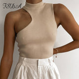 2021 Turtleneck Crop Top Knitted Women Brown Casual Summer Basic T Shirts Sexy Off Shoulder Black Sleeveless Tank