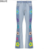 Vintage Flower Patchwork Jeans Woman High Waist Denim Trousers Streetwear Women 2022 Summer Indie Clothes