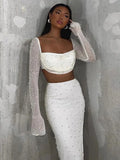 Pearl Sexy Dress Sets Women Square Collar Full Sleeve And Split Skirt Matching Sets Female Club Party Two Piece
