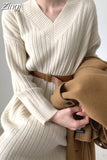 Loose Waist Solid Korean Thick Knitwear V-Neck Woman Warm Dresses Sweater Dress Women Knitted Clothes Autumn Winter