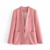 Solid Casual Women Suit Blazer Jacket Office Lady Double Pocket Cardigan Simple Coat Elegant Chic Streetwear