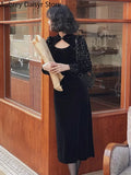 Black Velvet Midi Dress Women Sexy Hollow Out Sequins Design Y2k Dress Vintage Casual Evening Party Dress 2023