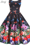 Summer Vintage Dress Women Spaghetti Strap Floral Print High Waist Elegant Sleeveless A-Line Party Midi Dress Robe