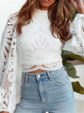 Elegant Women Long Sleeve Lace Blouses Tops White Casual Crochet Hollow Out Turtleneck Stylish Shirts Female