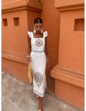 Print Side Split Midi Skirt Set For Women Chic Ruffles Pleated Flying Sleeves Tank Suit 2024 Female Fashion Beach