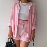 Women's Wrinkle Collar Long-Sleeved Shirt High-Waisted Rope Shorts Fashion Casual Two-Piece