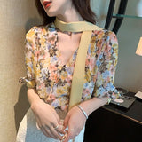 Floral Print Chiffon Blouse Women Korean Elegant Bow Tie Scarf Collar Sweet Shirts Loose Casual Short Sleeve Tops