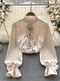 Women High Quality Blouse 2023 Half High Collar Long Sleeves Loose Tops Fashion Korean Style Elegant 3D Floral