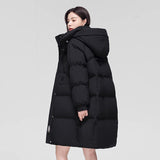 Long Down Jacket Female 2024 Winter New Fashion Hoodie Loose And Thick White Duck Velvet Over The Knee Coat Tide-Outfit