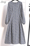 Winter Women Dress 2023 Vintage Lantern Sleeve Floral Print Chiffon Long Dress Casual A-line Elegant Party Vestidos