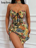Women Elegant Halter Floral Printed Party Club Bodycon Split Straps Mini Dress 2022 Summer Clothes Wholesale