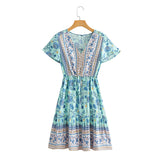 Queens Women Pink Floral Print Deep V-neck Front Button Bohemian Mini Dress Ladies Short Sleeve Elastic Boho