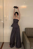 Grade Hot Girls Suit Women's Pleated Waist Wrap Strapless Top Casual Sweeping Wide Leg Pants Two-piece Set Female