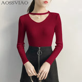 V Neck Sweaters Women 2021 Autumn Winter Long Sleeve Sexy Slim Tops Solid Streetwear Knitted Korean Pullover