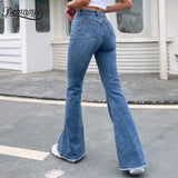 Button Fly Women's Raw Hem Flare Jeans Autumn Fashion Woman Denim Pants Jean Femme High Waist Full Length Slim