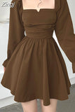 Square Neck Brown Ruched Long Sleeve Women Dresses Korean Fashion Solid Autumn Pleated Dress Party French Retro
