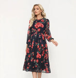 Elegant Dot Print Long Sleeve Polka Dress O Neck Chiffon A Line Women Casual Dress Vintage Midi Vestidos