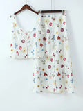 Women Chic Floral Print High Waist Button Skirt Set Sexy V Neck Hollow Out Back Lace Up Vest Suit New Elegant Lady Street