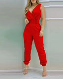 Ladies Summer Sexy V Neck Sleeveless Plain Sleeveless Pocket Design Backless Casual Women's Long Jumpsuits (Without