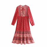 Queens Women Elegant Lace-up Tassel Floral Print Beach Long Bohemian Maxi Dress Ladies Rayon Boho