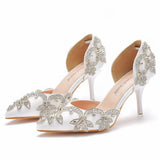 Cm Golden Water Diamond Wedding Shoes Fine Heel Pointed Sandals Hollow Two-Siped Sandals Banquet Crystal