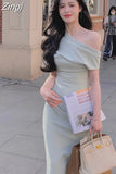 Fashion One Shoulder Folds Ladies Summer Sleeveless Bodycon Dress Elegant Chic Party Evening Wedding Dresses for
