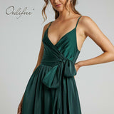 2022 Summer Women Satin Long Dress Spaghetti Strap Sexy Backless Slit Party Maxi Silk Slip