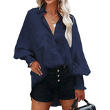Autumn Streetwear Solid Loose Casual Shirt Female Lantern Long Sleeve Beach Holiday Blouse Button Up All-match Blusa