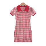 Zingj Trend Women's Lapel Small Diamond Lattice Single-Breasted Short-Sleeved Lapel Skirt Knitted Breasted