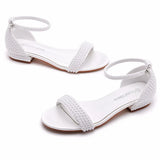 Cm Square With A Shallow Mouth With Buckle Sandals Ivory White Silk Satin Bridal White Pearl Sandals