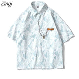 Women Colorful Sweet Heart-print Short Sleeve Chain Stylish Summer Turn-down Collar Candy Color Holiday Leisure Baggy