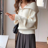 Zingj Lazy Wind Big Lapel Cardigan Zipper Jacket Women's Autumn And Winter New Wide Soft Waxy Sweater Top-Outfit