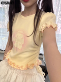 Cartoon T-shirt Bandage Harajuku Slim Waist Tunic Crop Top Women 2024 Summer All Match Sweet Cute Y2k Aesthetic