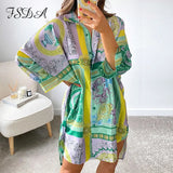 2021 Summer Long Sleeve Shirt Dress Women V Neck Print Blue Loose Beach Sexy Party Casual Green