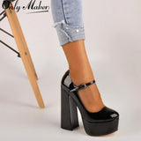 Onlymaker Women Pumps Mary-Jane Platform Black Pink Chunky 16CM High Heels Ankle Strap Dress Party Hoof Heel Plus Size
