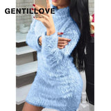 Women Autumn Winter Long Sleeve Turtleneck Faux Fur Fluffy Bodycon Dress Sexy Party Club Night Sheath Mini Dress