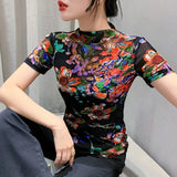 Autumn Mesh Tshirts Women Short Sleeve Half Turtleneck Printed Floral Tees Girls Slim Elastic T Shirts Tops
