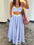 Blue Stripe Lace Trim Crop Top And Long Skirt Set- Outfit