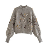 Autumn New Beaded Sweaters With Loose Semi-High Necks