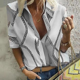 Elegant Long Sleeve Chain Print Blouse Casual Turn-down Collar Work Tops Oversized Office Lady Shirt Oversized