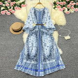 Zingj New Women's Dress Oversized Skirt Print Pleated Waist Lace Holiday
