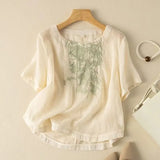 Cotton T-Shirt Women's Summer Size 2025 New Mother Loose Rib Linen Short-Sleeved