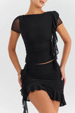 Mesh Ruffle Short Sleeve Top And Mini Skirt Set-Outfit