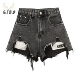 Black Grey Shorts Jeans Vintage Street Ripped Wide Leg High Waist Casual Fashion Baggy Denim Hot Pants Ladies