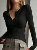 Solid Color Breasted V Neck Slim Long Sleeve Knit- Outfit