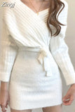 Chic Apricot Woolen Dress for Women Cross V-Neck Elegant Mini Knit Dresses Bodycon Fall Vestido Feminino Winter 2023