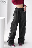 Streetwear Striped Cargo Pants Women High Waist Pockets Americam Casual Trousers Harajuku Loose Chic Patchwork